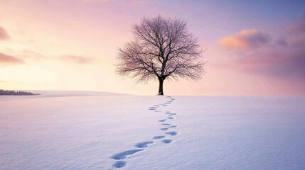 Fototapeta premium A solitary tree stands majestically in the middle of a snow-covered field during a tranquil winter sunrise.
