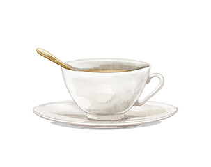 Watercolor vintage tea cup on saucer with golden spoon isolated on white background. Hand drawn illustration sketch