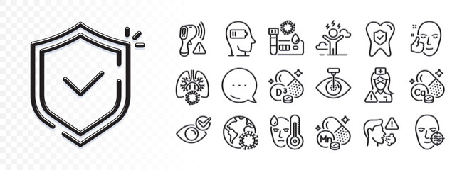 Fever, Check eye and Cholecalciferol line icons for web app. Glare of light effect. Message icon. Pack of Shield, Electronic thermometer, Dental insurance pictogram icons. Vector