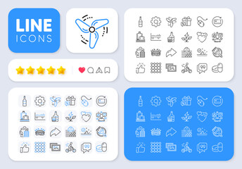 Quote bubble, Arena stadium and Eco power line icons for web app. Message, Share, Like social media icons. Pack of Cyclist, Computer mouse, Bio shopping pictogram icons. Vector