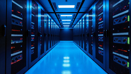 Fototapeta premium High-tech server farm illuminated by cool blue light, intelligent computing