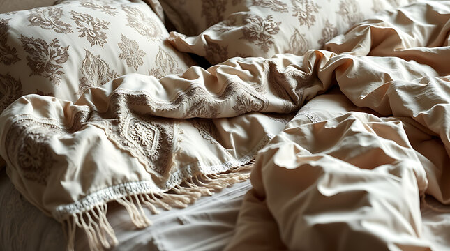 Creamy Beige Bedding with Embroidered Damask Pattern: Luxurious and Comfortable Bedroom Decor