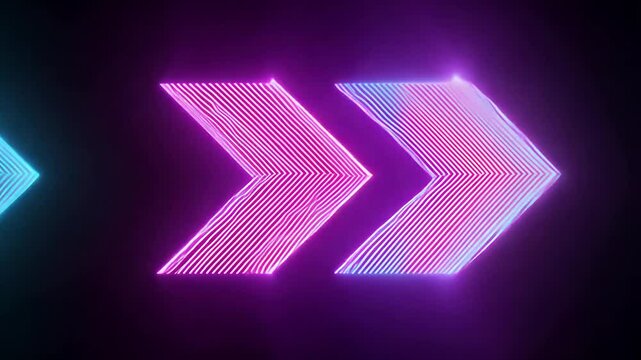 Static camera, seamless vector pattern, geometric arrow shapes, vibrant neon colors, arrows pulsate with light, establishing neon lighting
