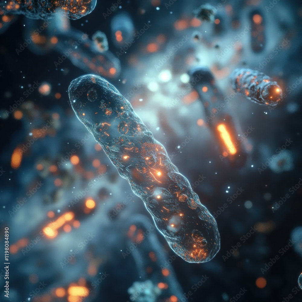 Poster microbial world in 3d showcasing colorful representation of various microorganisms with luminous det