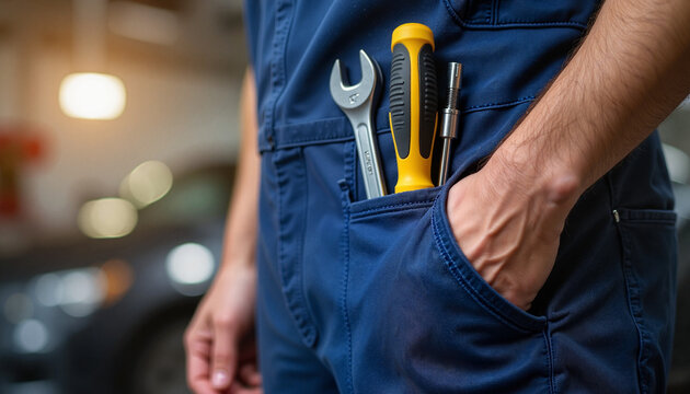 Mechanic's tools in pocket with bright workshop background, craftsmanship