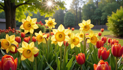 Obraz premium Colorful daffodils blooming in serene garden with tulips, springtime joy