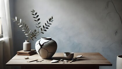 Cracked Clay Vase with Leaves