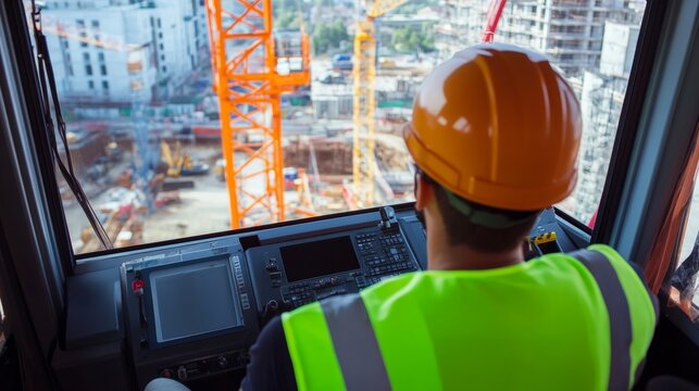 A crane operator in a reflective vest and helmet, sitting in the crane cab, with a panoramic view of the construction site