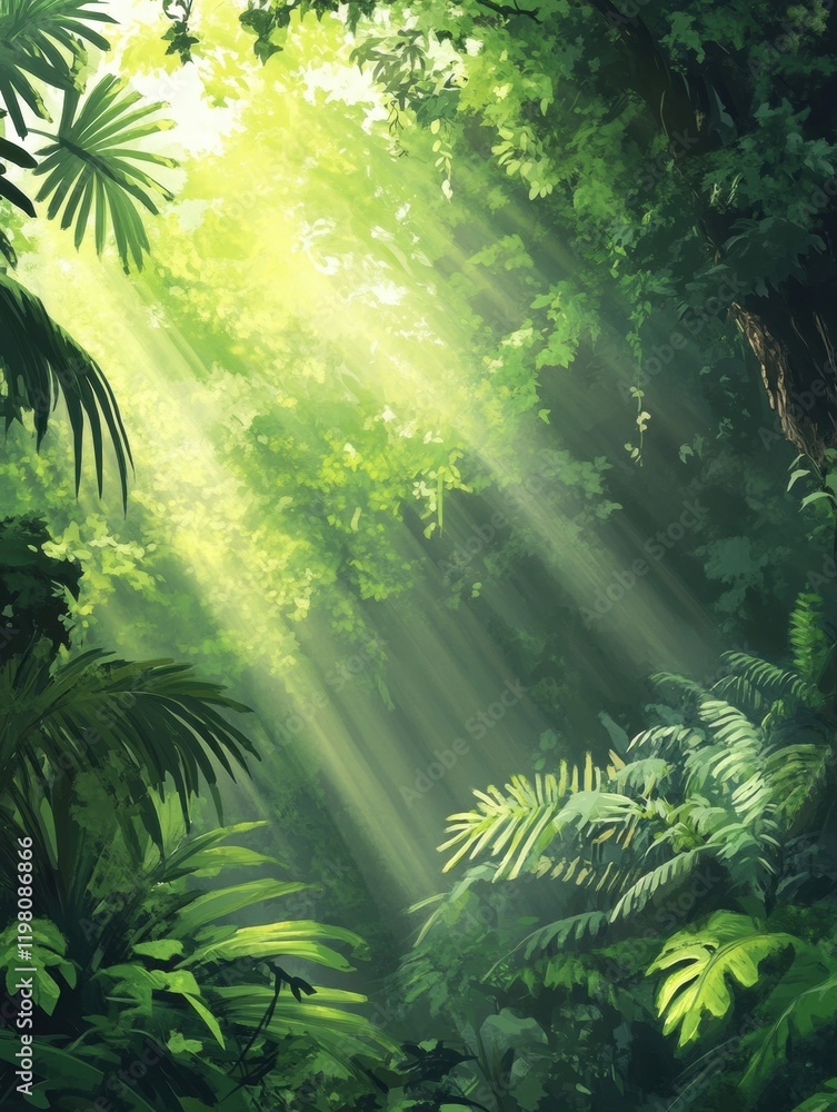 Aufkleber Sunlight filters through lush green leaves in a serene forest landscape during the calm hours of the day. Generative AI