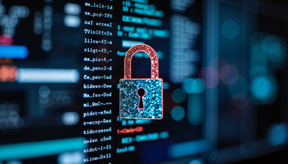 Digital padlock securing encrypted data in high-tech lab, cybersecurity