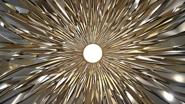 Seamless 360-degree rotation video, spotlight establishing, metallic gold and silver starburst shapes, shimmering points, vector pattern