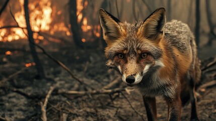 Fototapeta premium Fox in a Burned Forest: A Survivor's Gaze