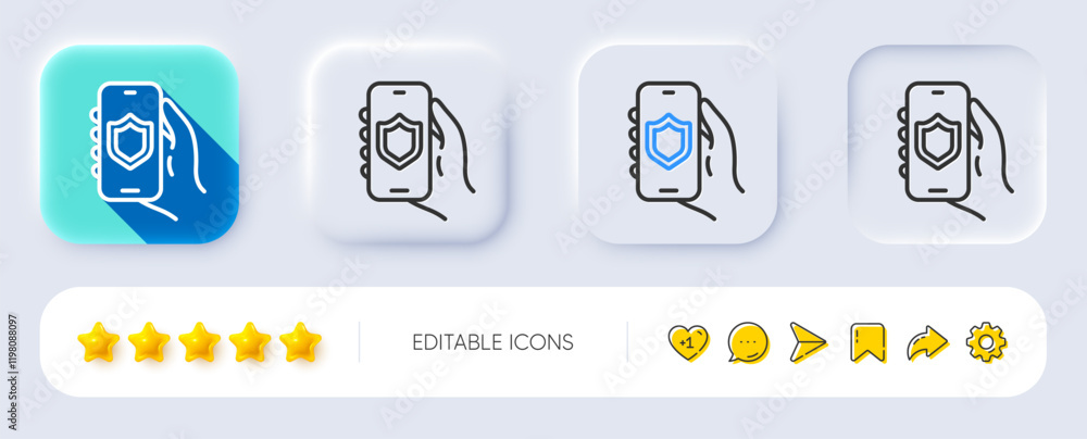 Poster security app line icon. neumorphic, flat shadow, 3d buttons. hand hold phone sign. cellphone with sc
