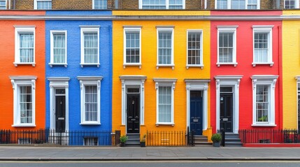Fototapeta premium Colorful row of houses with vibrant blue, orange, and red facades, showcasing urban charm and creativity