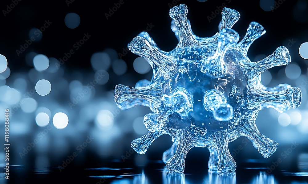 Poster microscopic view of a virus particle, illuminated in blue