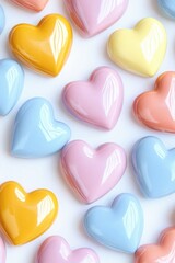 Obraz premium Glossy pastel hearts in soft colors arranged on a white surface