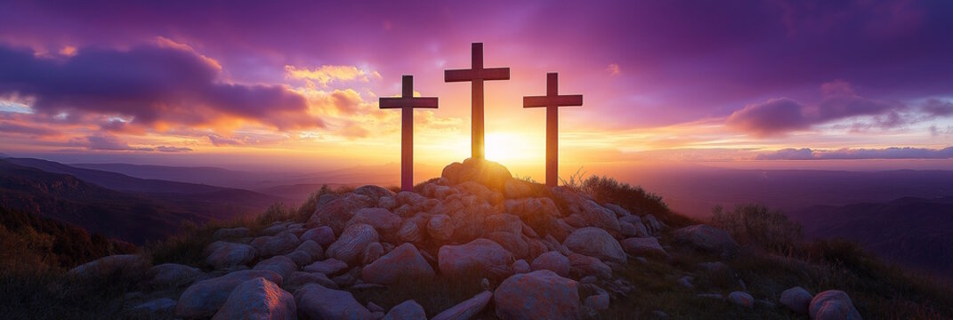 Three crosses on rocky hill at sunrise with dramatic sky, symbolizing sacrifice and hope, Easter religious concept - Powered by Adobe