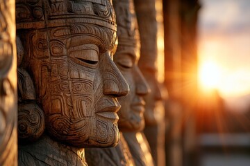 Intricate wooden sculptures bask in sunset light near ancient ruins revealing cultural heritage