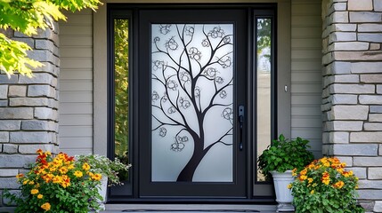 A front door with a frosted glass panel featuring an abstract tree design 