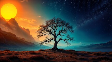 Lone tree in a desert landscape symbolizing the balance of day and night in warm and cool colors

