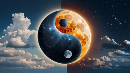 Yin Yang symbol in celestial style in blue and orange colors symbolizing harmony of day and night

