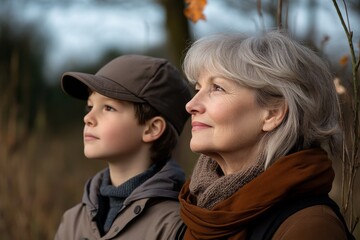 Fototapeta premium Family bonding occurs as an elderly woman and young boy gaze thoughtfully at nature during a serene autumn afternoon