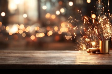 Celebratory sparkler display on wooden table amidst blurred city lights during evening gathering