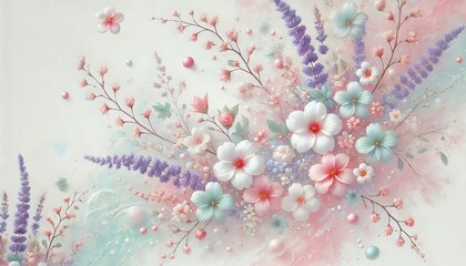 Fototapeta premium Milky white background blending soft pastel hues with scattered blossoms in pink, lavender, and mint.