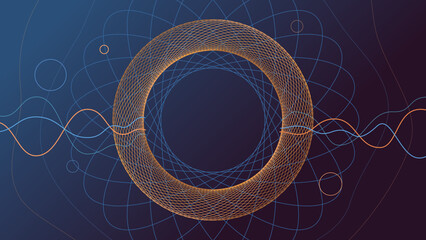 Abstract fractal circles background for global data concept, blue and orange tones sphere lines wireframe pattern, concept of science, technology, ai, energy vibration in space wallpaper