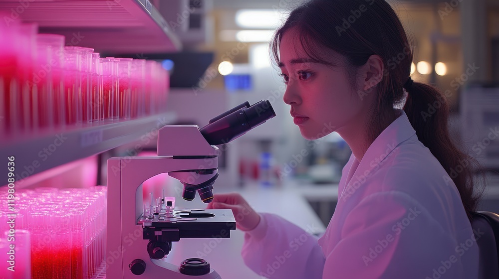 Poster focused scientist using microscope in pink lit laboratory
