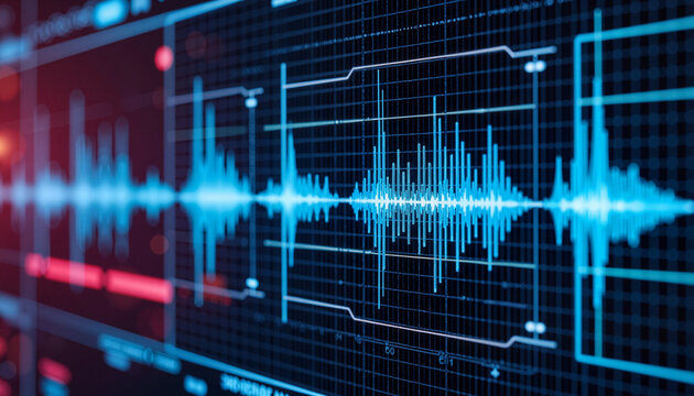 Digital frequency patterns displayed on screen, acoustic science concept
