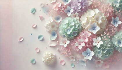 Elegant milky floral background with pastel hydrangeas and scattered petals in soft lilac and mint hues.