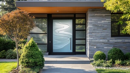 A front door with a frosted glass panel etched with a flowing river design 