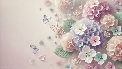 Elegant milky floral background with pastel hydrangeas and scattered petals in soft lilac and delicate mint hues.