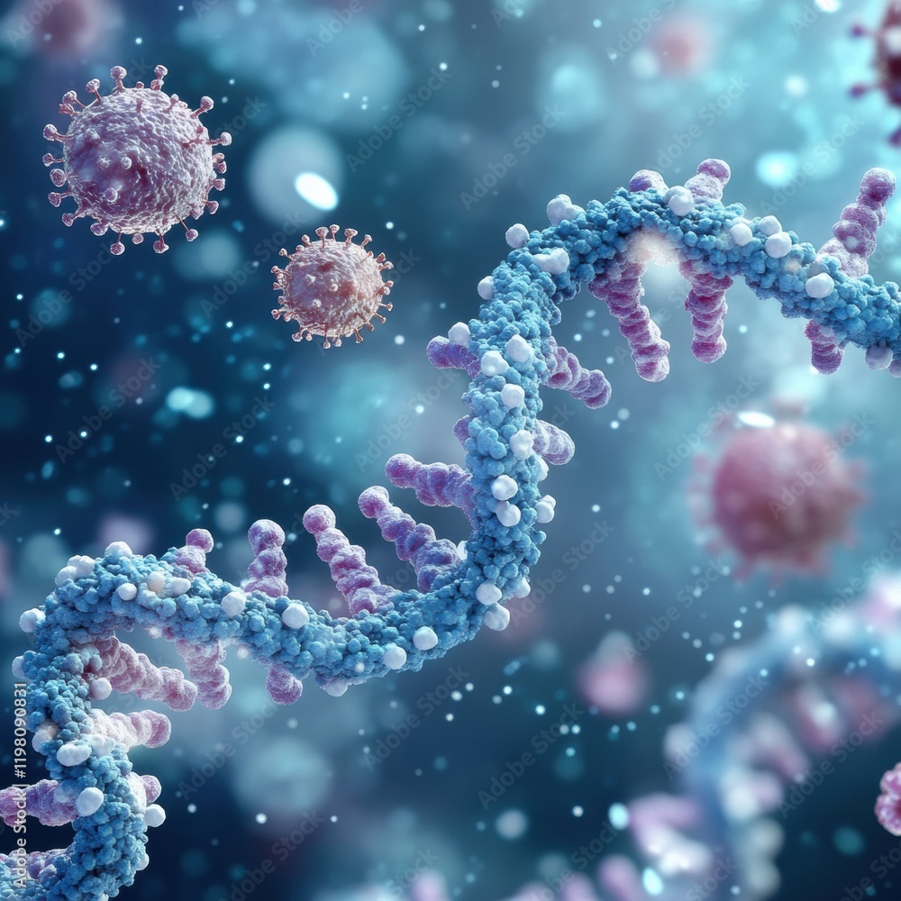 Aufkleber close up view of a molecular rna chain surrounded by various viruses in a digital representation. ge