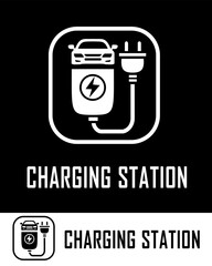An electric vehicle charging station icon featuring a car, plug, and power symbol, representing eco-friendly transportation, renewable energy, and modern technology