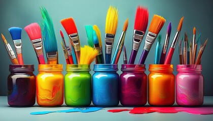 Obraz premium Vibrant Artistic Exploration Multicolored Jars Brimming with Paint and Brushes Amidst a Colorful Backdrop