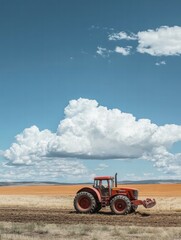 Red tractor working on a plowed field under a blue sky with clouds and distant hills during daytime. Generative AI