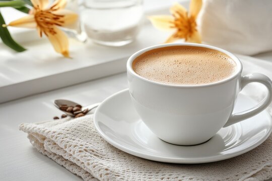 Freshly brewed coffee in a white cup with decorative flowers and soft linen accents on a minimalist table setting