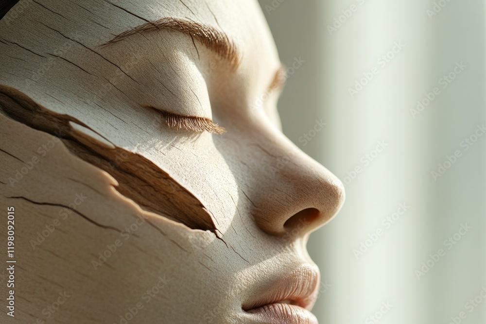 Aufkleber artistic representation of a broken mannequin with serene facial features and natural light casting 