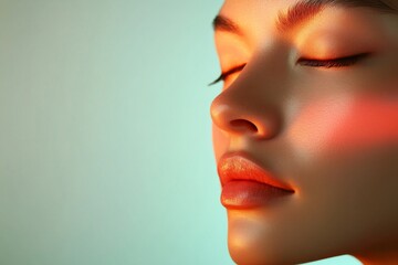 Captivating portrait of a woman with serene expression and soft light illuminating her face in a calm setting