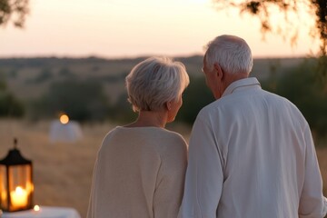 Elderly couple enjoying a peaceful sunset moment in a serene outdoor setting