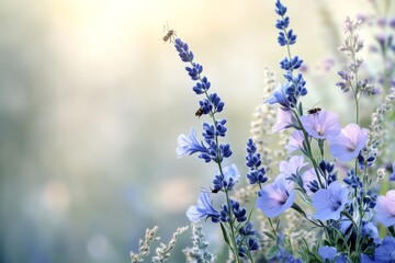 Obraz premium Flowers bloom in soft light while bees gather nectar in a tranquil garden during springtime