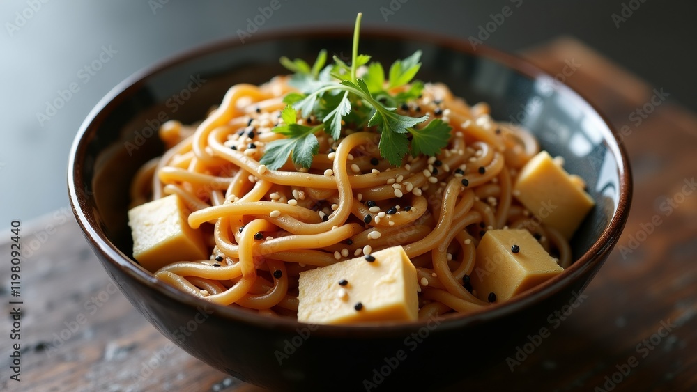 Poster the image shows a bowl of noodles with tofu and sesame seeds. the noodles are orange in color and ap