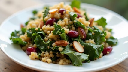 The image is a close-up of a plate of salad. The plate is white and round, and it is placed on a wooden table.