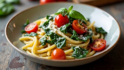 The image shows a plate of pasta dish on a wooden table. The pasta appears to be fettuccine alfredo, which is a type of Italian pasta.