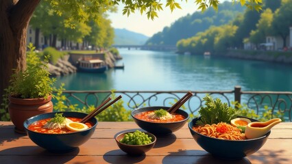 Fototapeta premium The image shows three bowls of ramen on a wooden table with a beautiful view of a lake and mountains in the background.