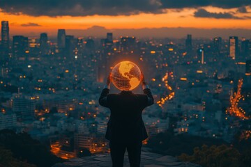 Businessman with glowing globe over city