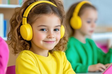 Engaged students using AI language learning apps with headphones in a modern classroom setting