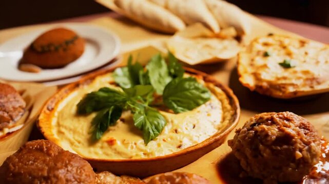Slow zoom out video from a platter of traditional lebanese mezze with hummus, baba ghanoush, falafel, and pita bread, fresh parsley and olive oil garnish the dips
